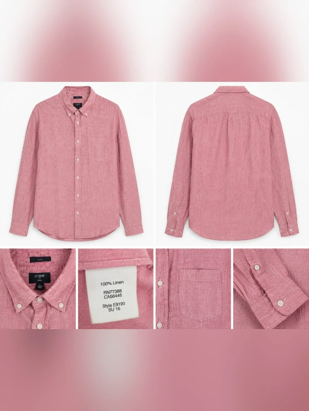 J.Crew 100% Linen Button Front Shirt Men's XL Pink Slim Fit Long Sleeve.
